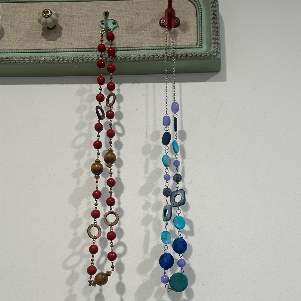 Vintage bundle of 2 Red and Blue geometric Beaded Necklaces
